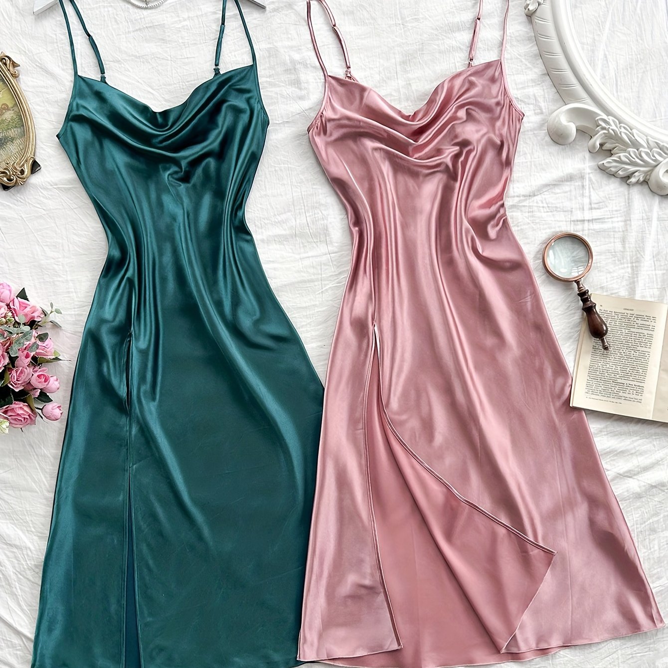 Women's Satin Turtleneck Sleep Dress Backless Split Solid Color Nightgown All-Season
