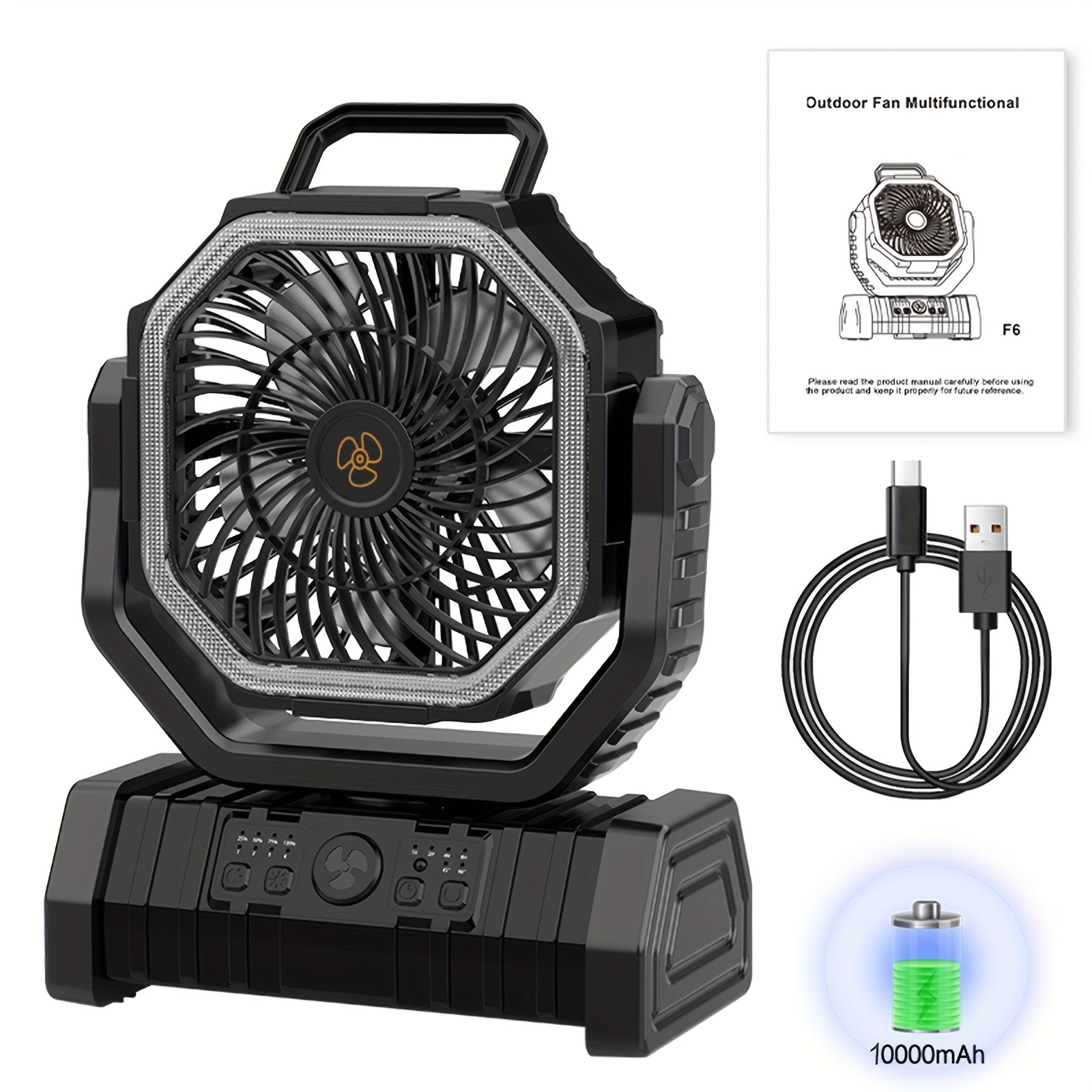 Portable Camping Fan with Wall Mount, Rechargeable USB Battery, Strong Wind