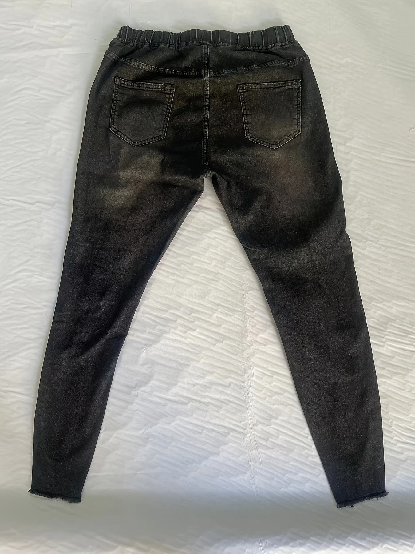 Plus Size Denim Jeans with Ripped Raw Hem and Elastic Drawstring Waist