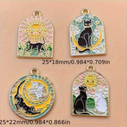 Set of 8 Sun and Moon Cat Charms Enamel Gold Plated Jewelry Pendants for DIY Necklaces and Earrings