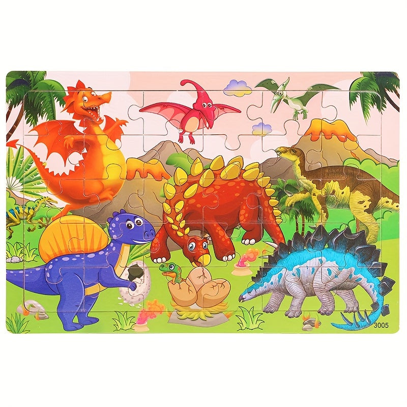 30-Piece Wooden Puzzle for Children Ages 3+ with Animal Dinosaur and Cartoon Designs