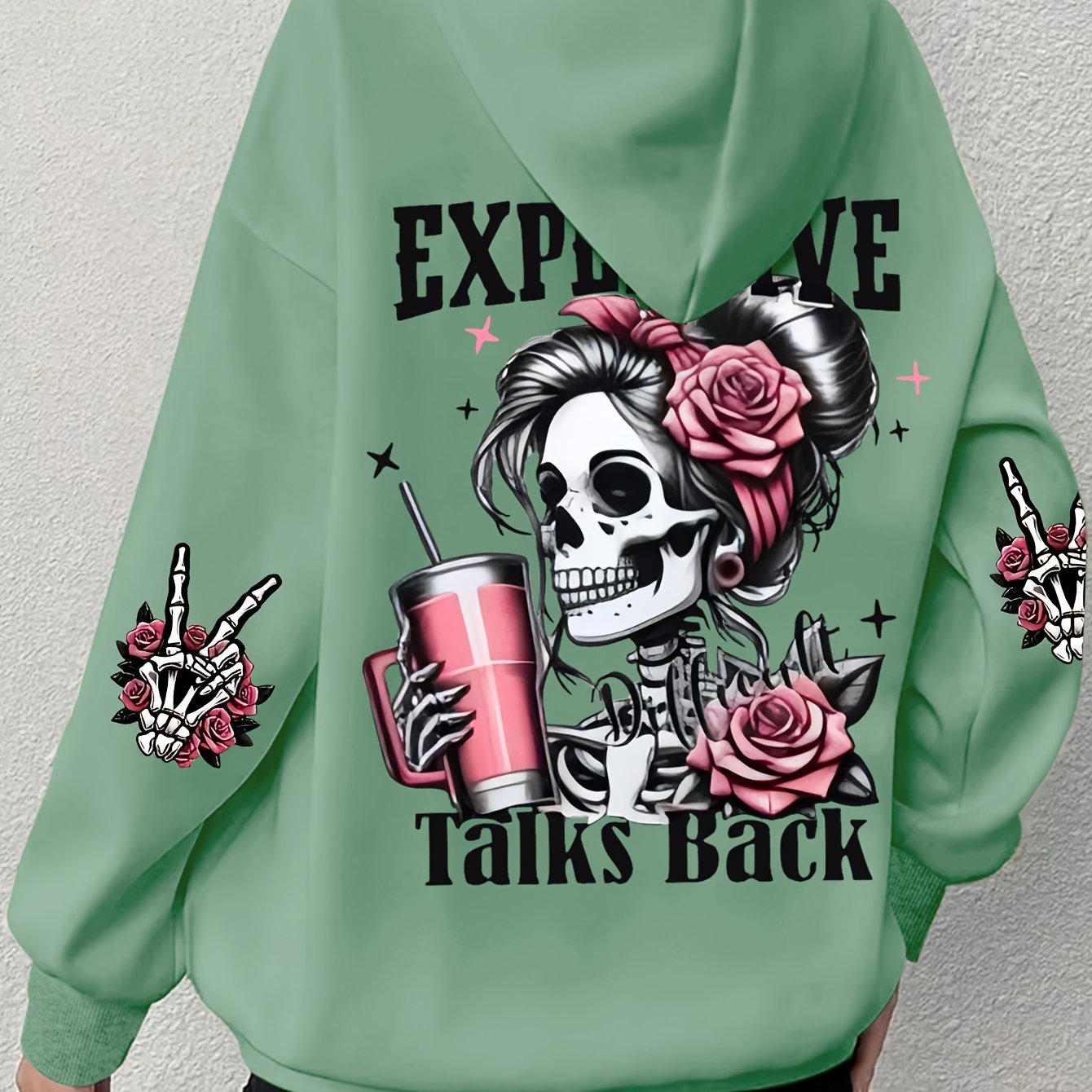 Plus Size Skull Print Drawstring Hoodie Casual Long Sleeve Fall Winter Women's Clothing