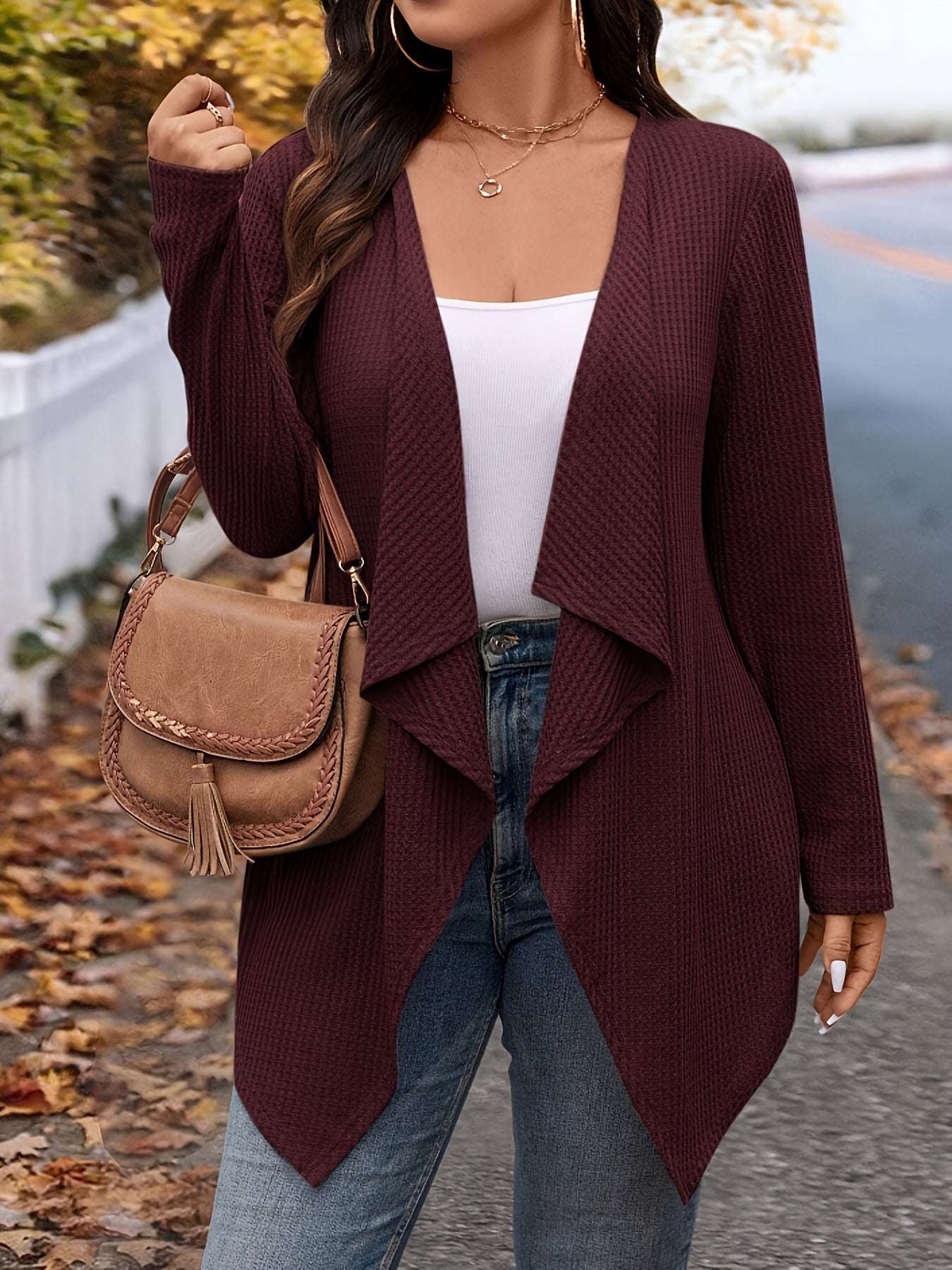 Plus-Size Women's Asymmetrical Hem Cardigan Long Sleeve Open Front Solid Color Layering