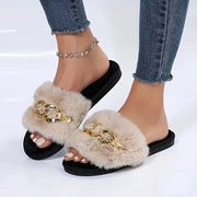 Women’s Faux Fur Slip-On Slides with Chain Link Detail and TPR Sole