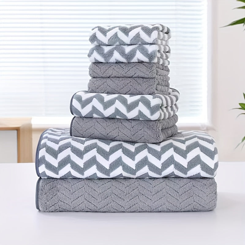 8-Piece Chevron Stripe Polyester Towel Set for Bathroom Spa Hotel Quick-Drying Absorbent