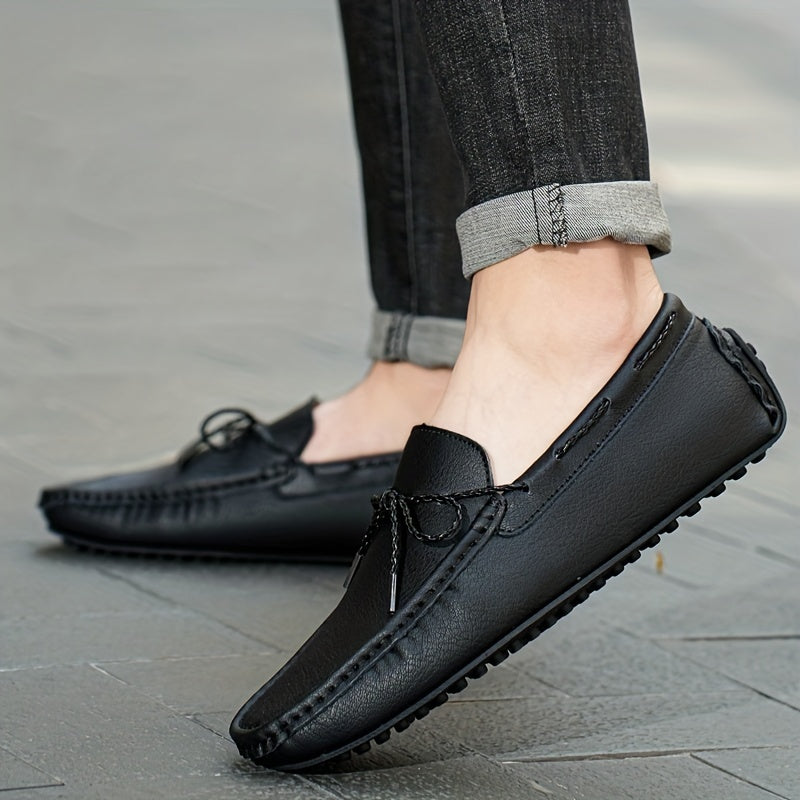 Men's Leather Bowknot Moccasin Loafers Non-Slip Slip-On Driving Shoes for Spring Summer
