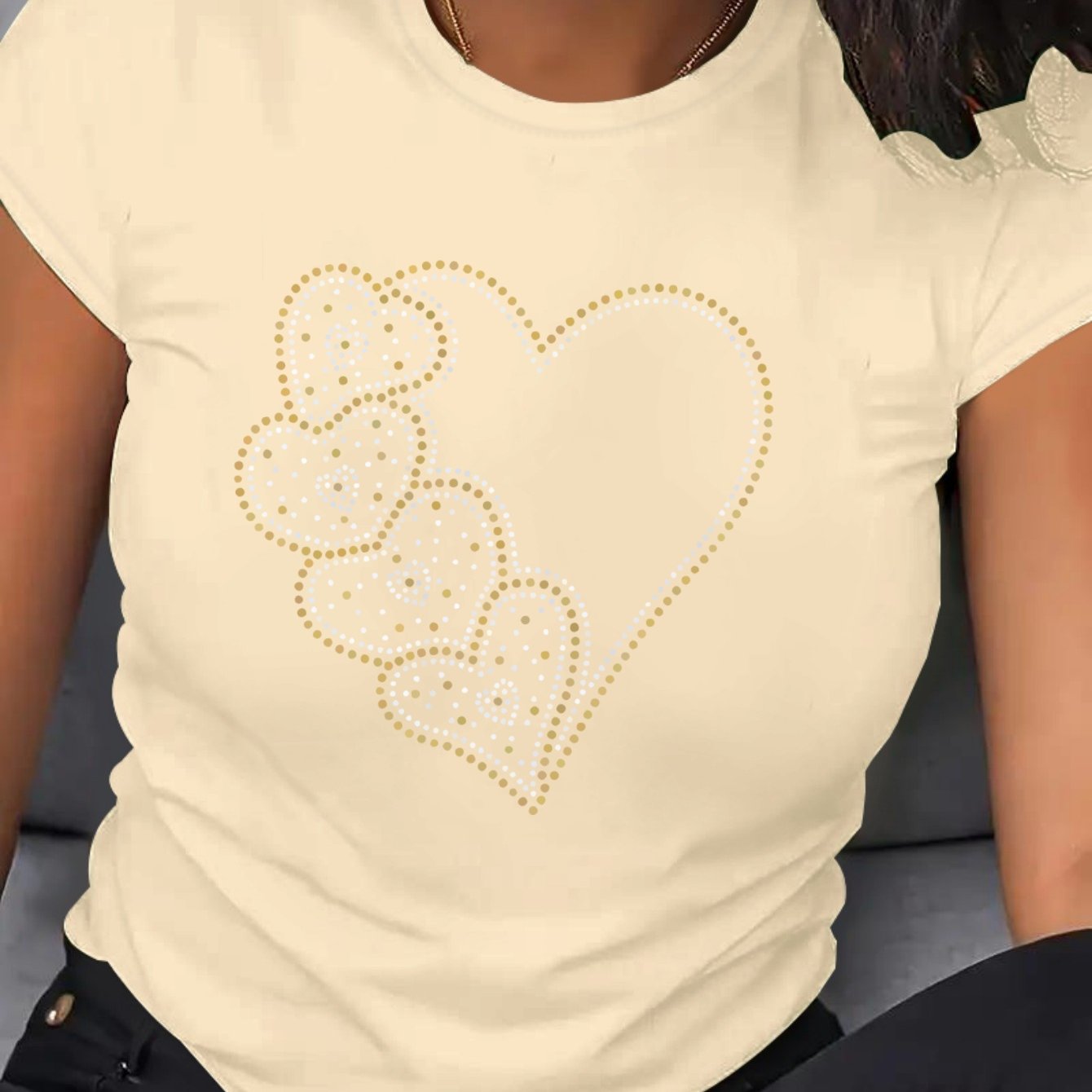 Plus Size Women's Casual T-Shirt with Rhinestone Heart Short Sleeve Beige