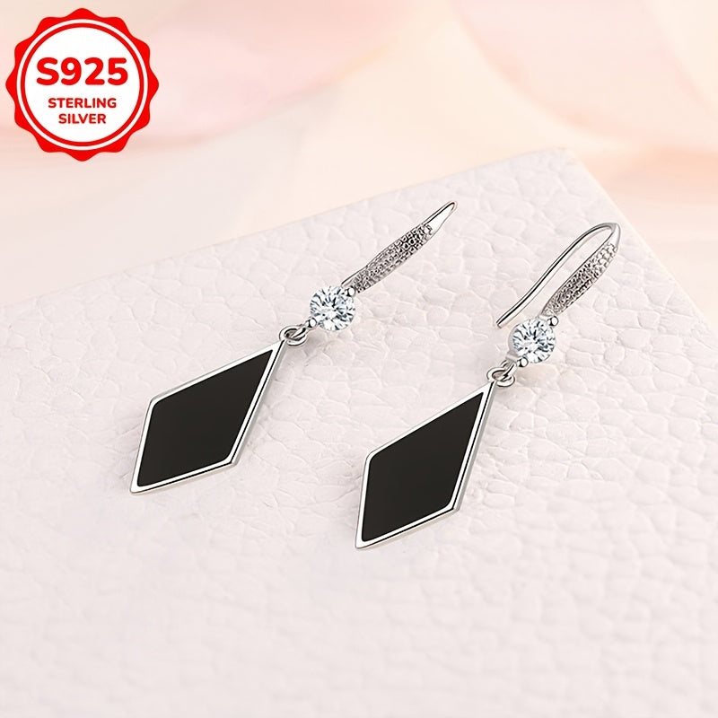 Sterling Silver S925 Dangle Rhombus Drop Earrings with Zirconia Accents for Women