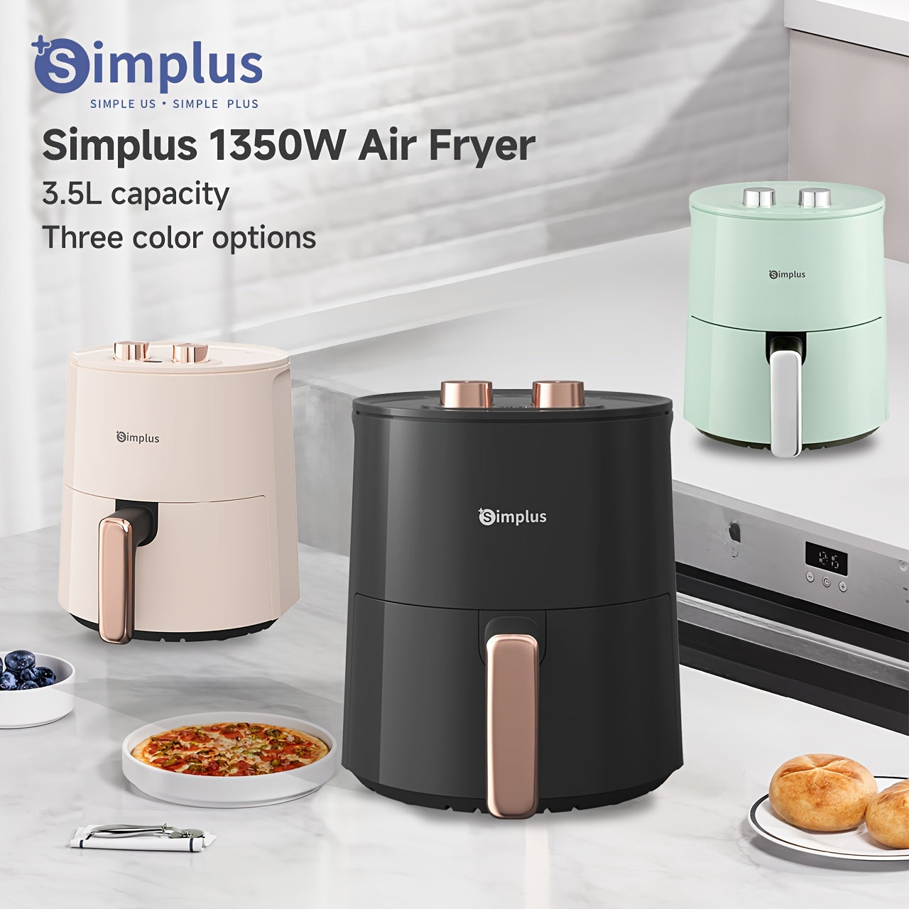 Simplus Mexanik Havo Qovurgich Britaniya Plugi bilan, 3.5L sig‘imi, 1350W yuqori quvvat, yog‘siz pishirish, Ikki nazorat vintlari, Avtomatik o‘chirish, 6 oldindan sozlangan menyu, 10 dona Havo Qovurish qog‘ozlari