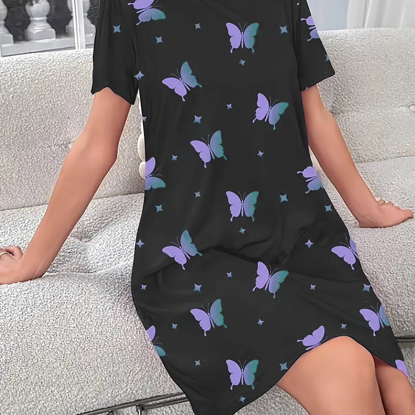 Women's Sleep Dress Soft Cotton Starry Night Sky Butterfly Print Lounge Wear