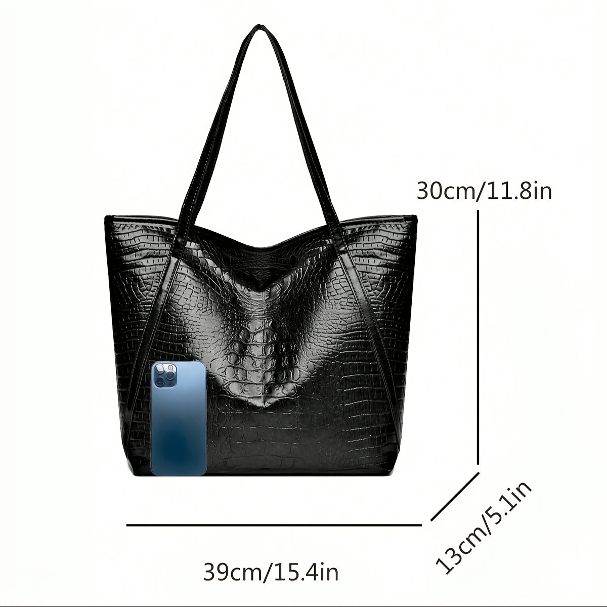Women's Black Crocodile Print PU Tote Bag Large Capacity Scratch-Resistant for Shopping and Daily Use