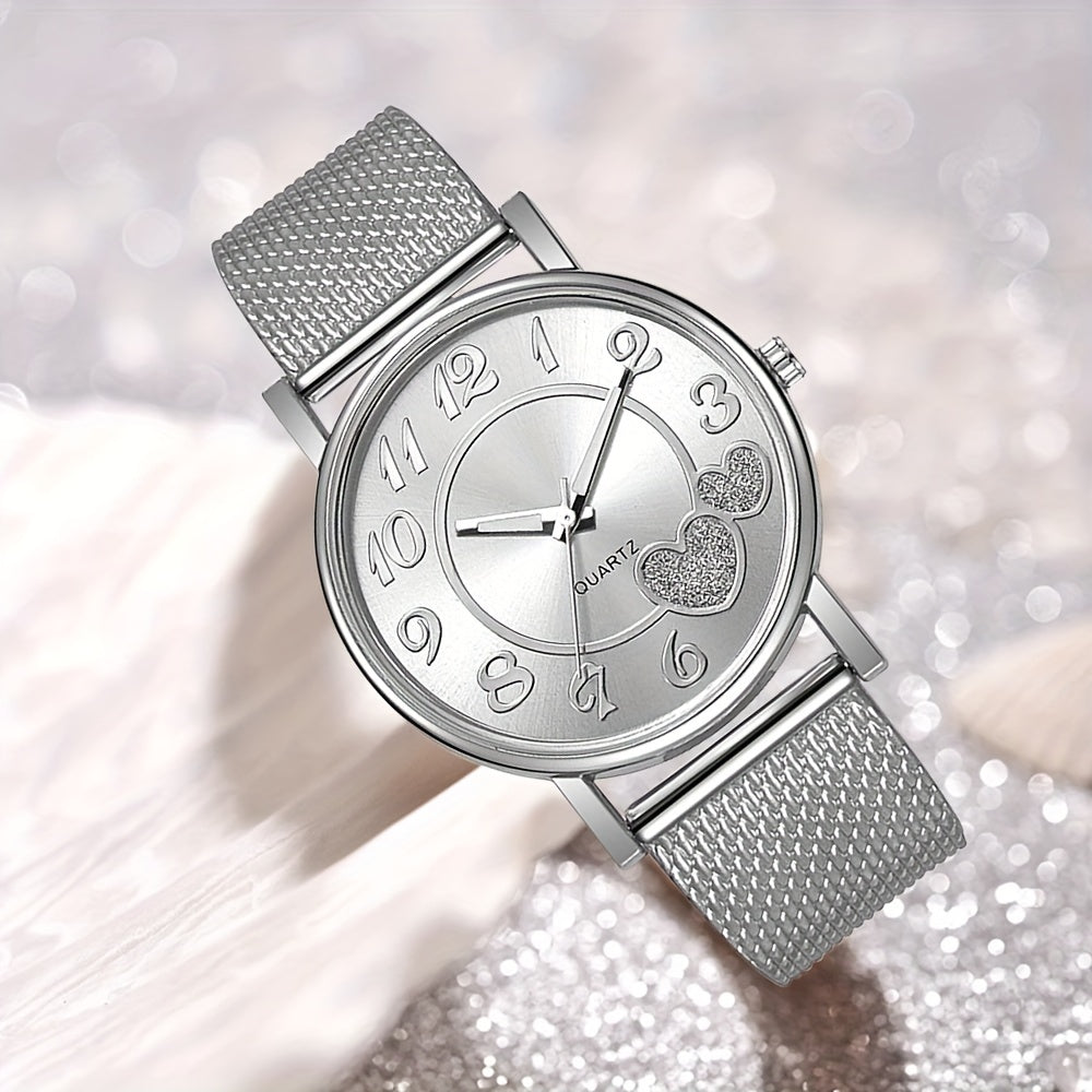 Women's 6-Piece Jewelry Set with Heart-Shaped Quartz Watch and Matching Accessories