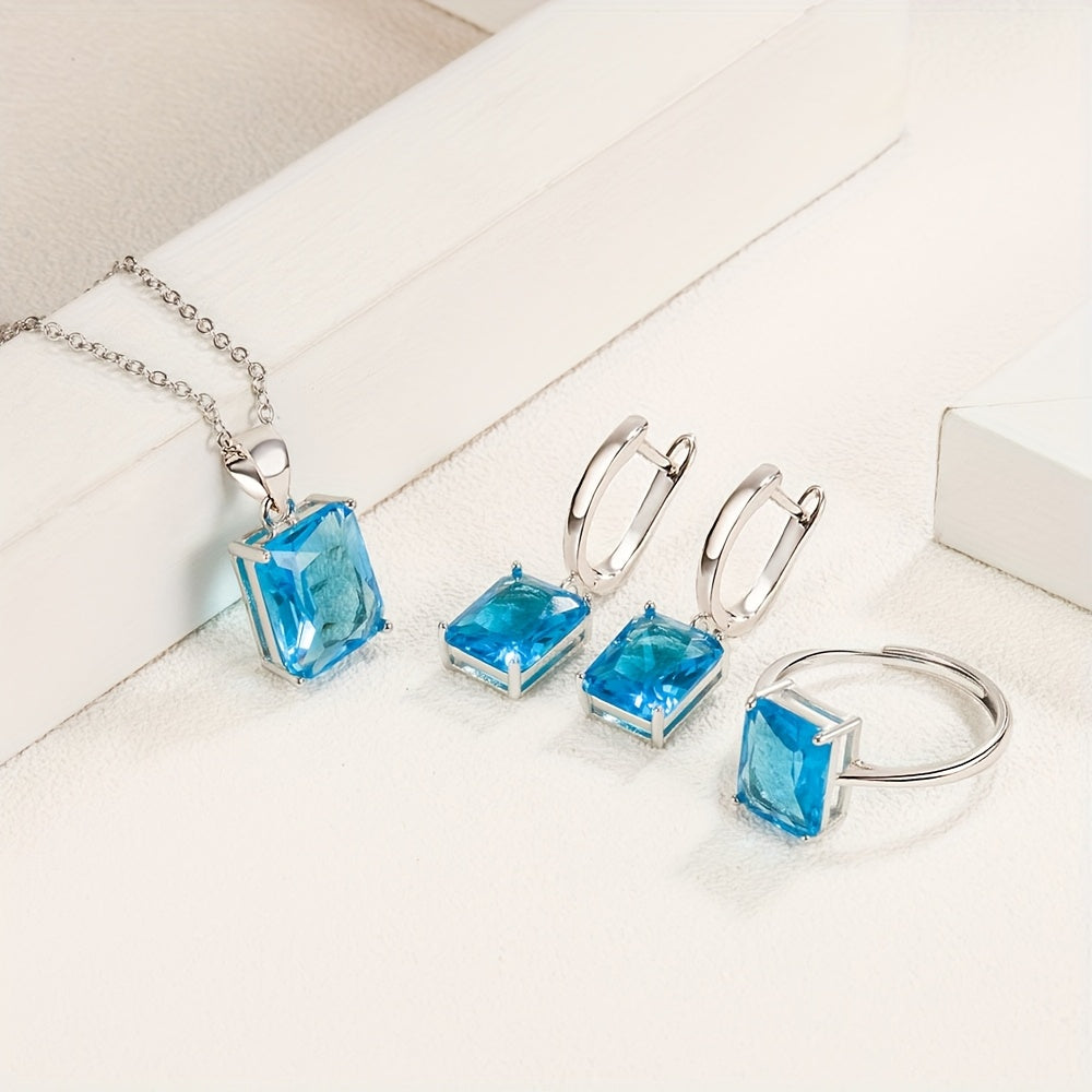 Chic Retro 925 Sterling Silver Jewelry Set kvadrat shaklidagi sun'iy Kubik Zirconia toshlari bilan - To'plamda Earcuffs, Uzuk va Uzuk bor - Go'zal kumush bilan qoplangan, Har kuni kiyish uchun yoki Maxsus tadbirlar uchun, masalan,