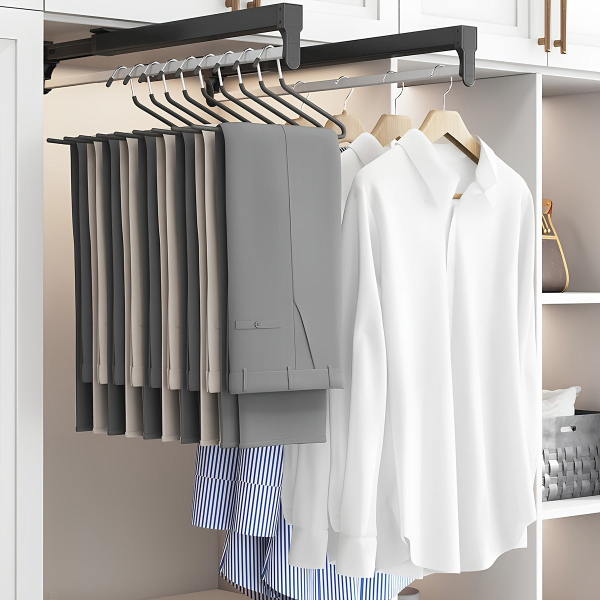 Adjustable Pull-Out Clothing Storage Rack with Metal Rod for Wardrobe Organization