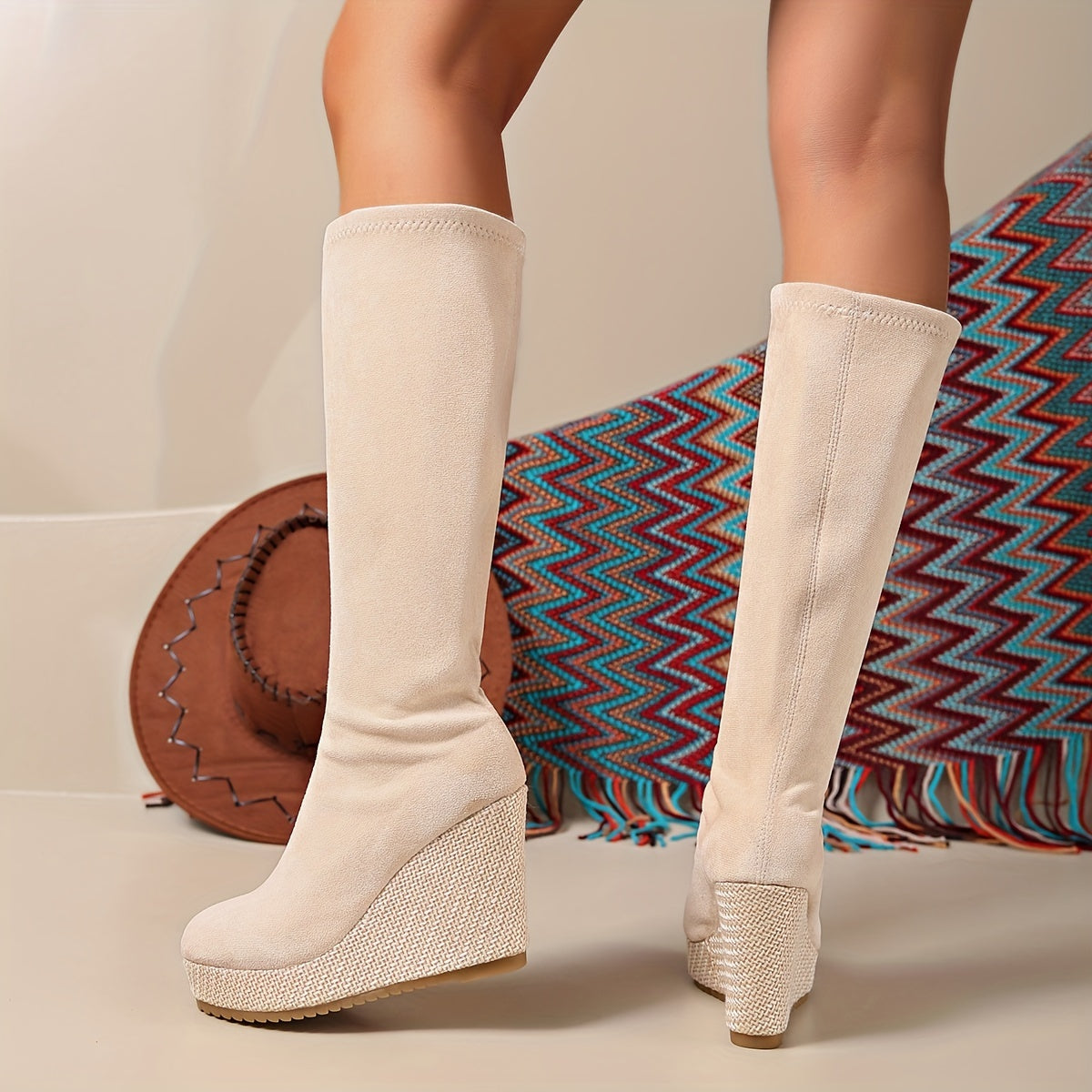 Women's Knee-High Platform Heel Boots Rubber Sole Fabric Lining