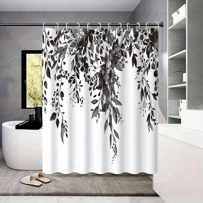 Black and White Floral Shower Curtain Waterproof Fabric Bathroom Decor Window Treatment