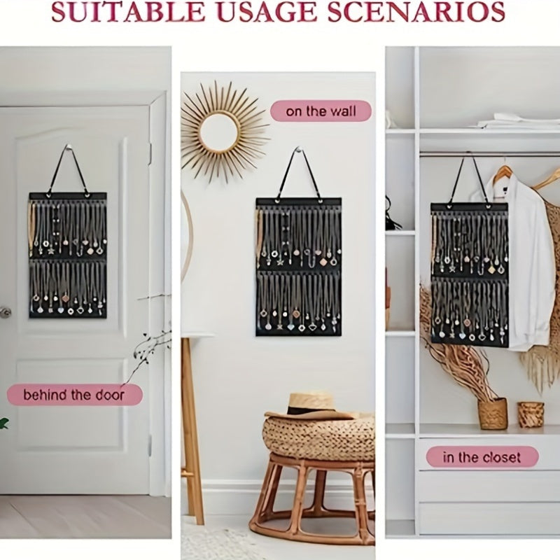 Qoziqlar va aksessuarlar uchun ikkiga bo'lingan saqlash bilan halqalar uchun devor sumkasi bilan felt zargarlik buyumlarini tashkil etuvchi