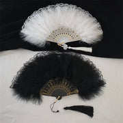 Handcrafted Feather Fan with Lace Edge and Jade Accent for Performances