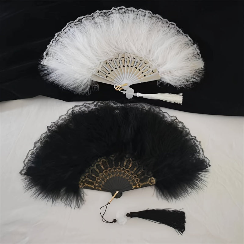 Handcrafted Feather Fan with Lace Edge and Jade Accent for Performances