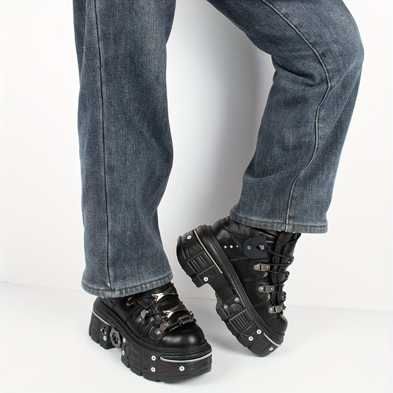 Women's Black Punk Platform Sneakers High Heel Round Toe Outdoor Shoes