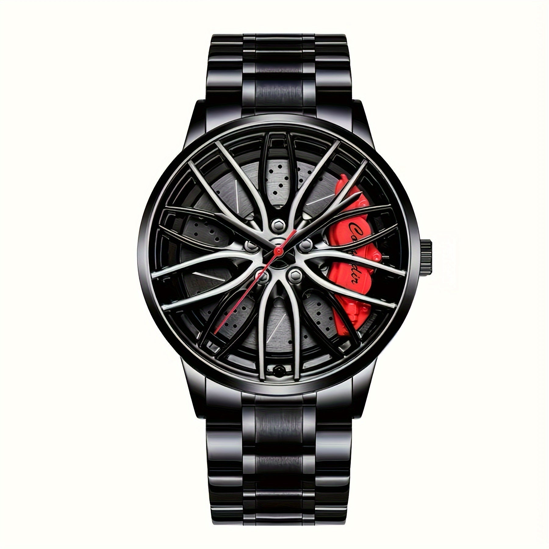Men's Sports Watch with Car Wheel Hub Caliper Design Steel Band Luminous Hollow Dial