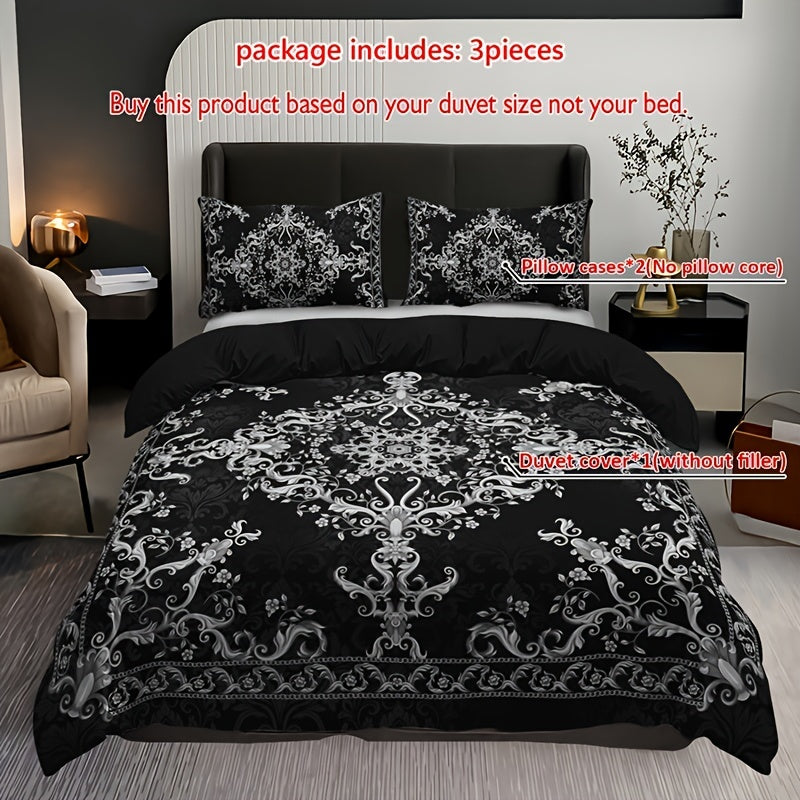 3-Piece Duvet Cover Set with Pillowcases Black and White Damask Digital Print Breathable Polyester All-Season