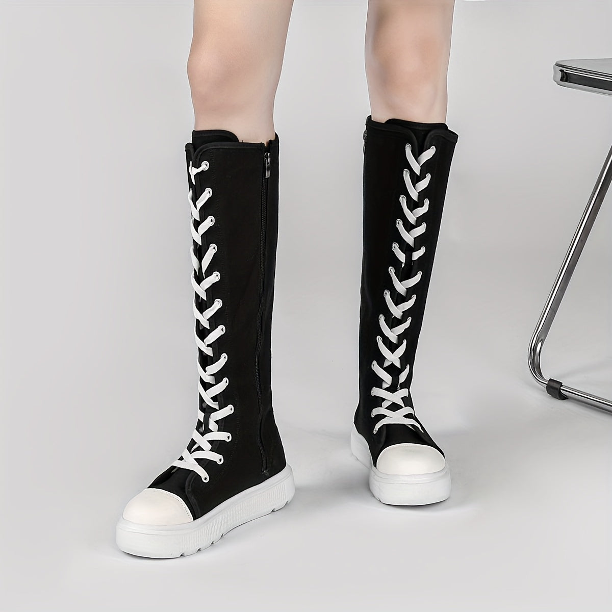 Women's Solid Color Slim Knee High Boots Side Zipper Platform Lace Up