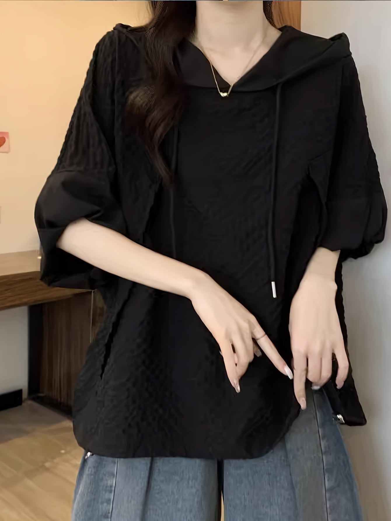 Plus Size Women's Casual Hoodie with Drawstring Short Sleeve Black