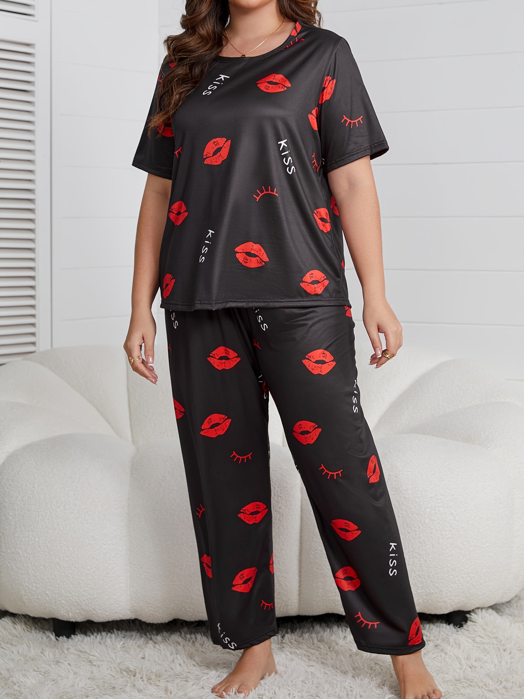 Plus Size Women's Lounge Set Short Sleeve Top and Pants Home Wear
