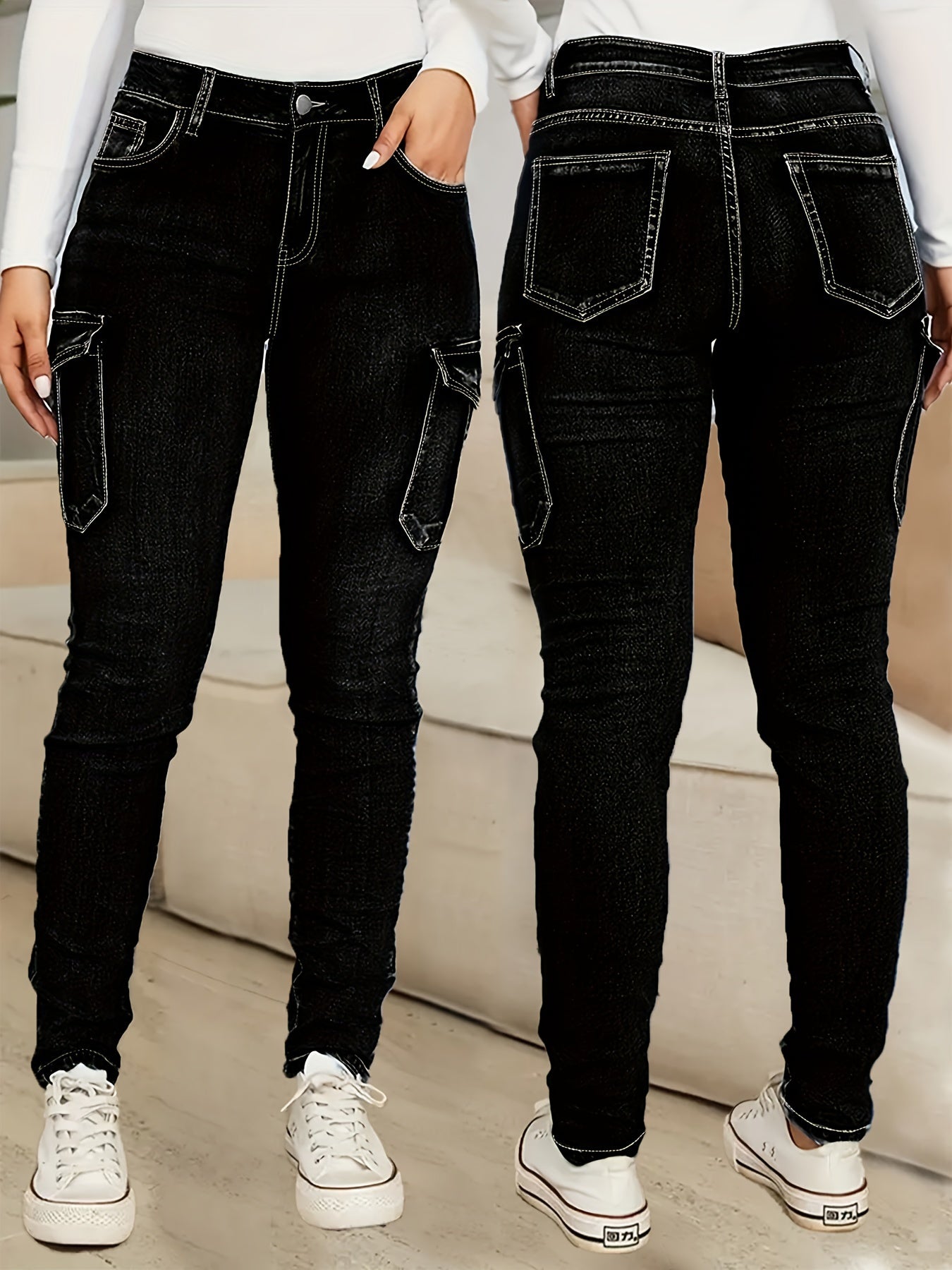 Women's Plus Size Black High-Waisted Stretch Skinny Jeans Cargo Pants