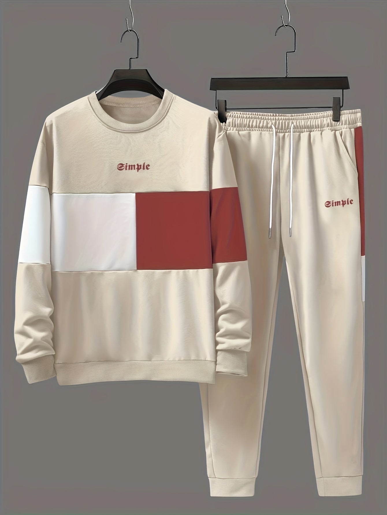 Men's Color Block Polyester Crew Neck Sweatshirt and Joggers Set for Spring and Fall