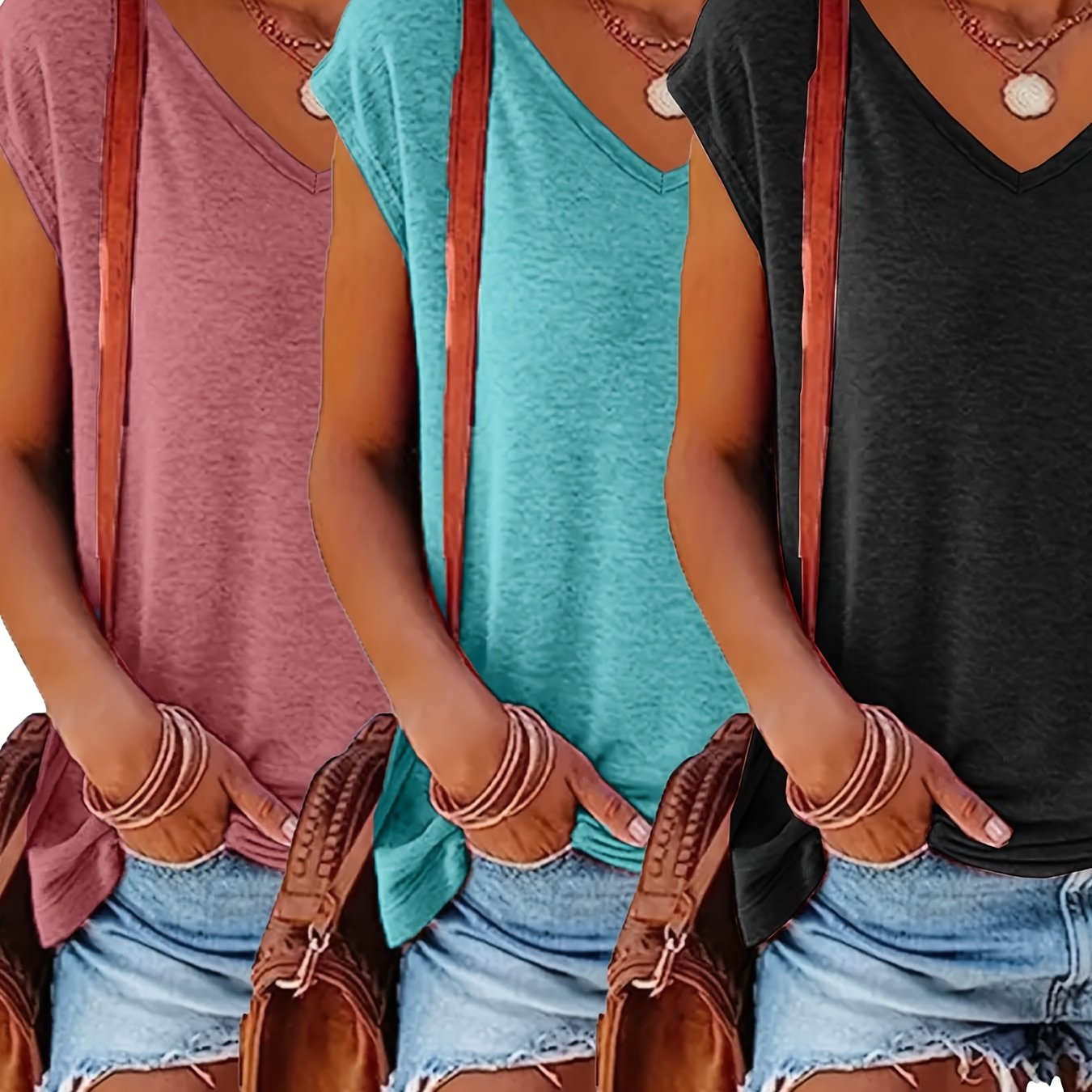 Women V-Neck T-Shirts 3 Pack Short Sleeve Spring Summer Soft Stretch