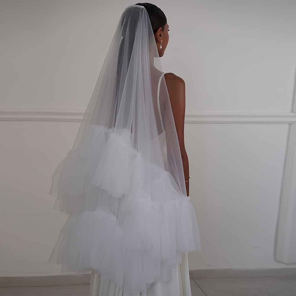 Velo de novia con ribete de volantes y borla, accesorio de boda de nylon transparente