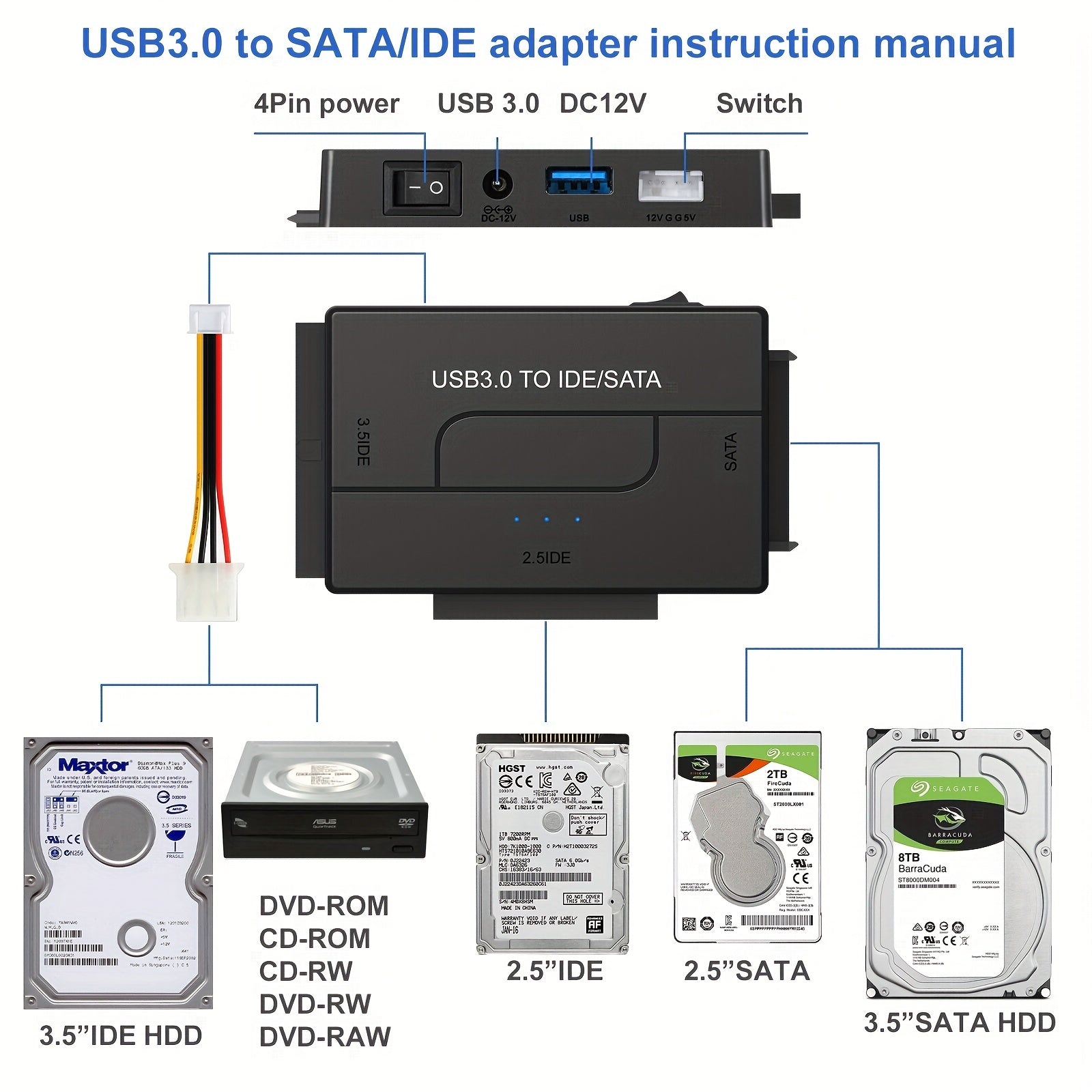 USB 3.0 SATA IDE Hard Drive Adapter Kit for 2.5 and 3.5 Inch HDD SSD