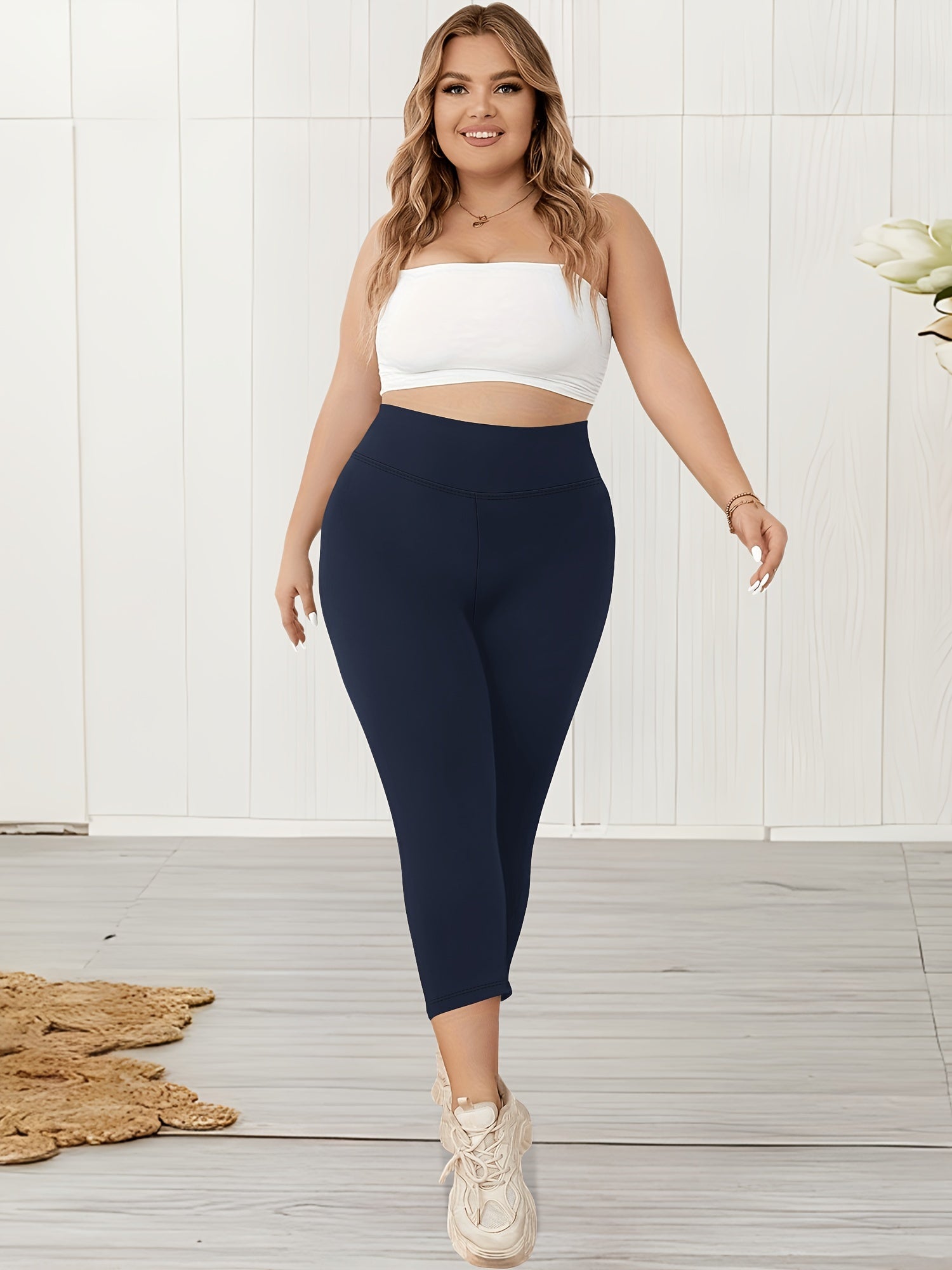Plus Size Women's High-Waist Capri Leggings Solid Color Stretchy Casual