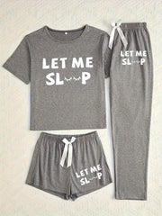Adult Casual Pajama Set with Letter Print Short Sleeve Top Long Pants and Shorts