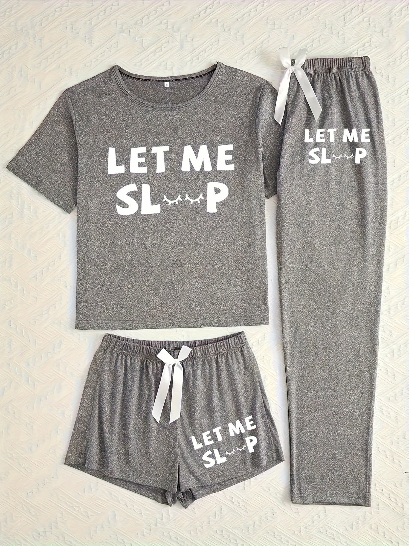 Adult Casual Pajama Set with Letter Print Short Sleeve Top Long Pants and Shorts