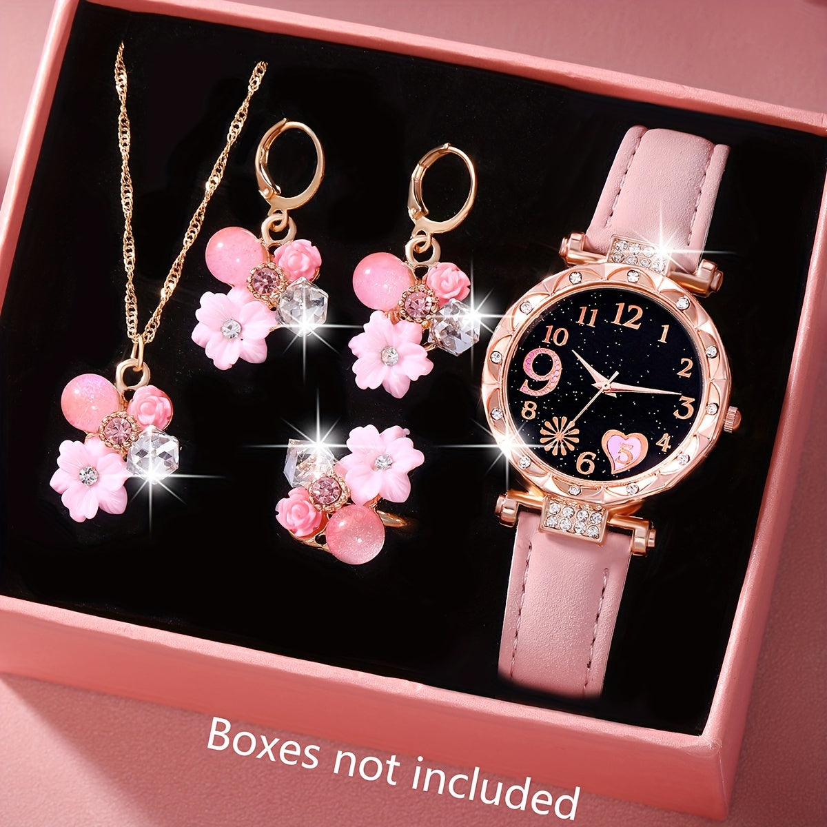 Women's Pink Faux Leather Strap Watch and Multi-Color Crystal Jewelry Set