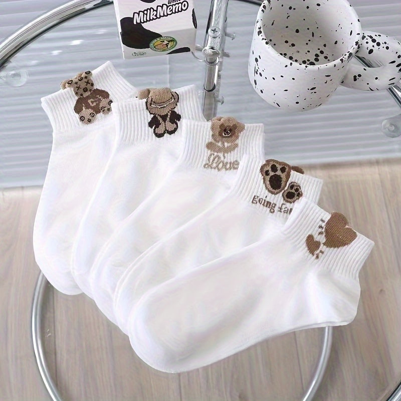 Women's Breathable 3D Cartoon Bear Socks 5 Pairs Short Knit Socks