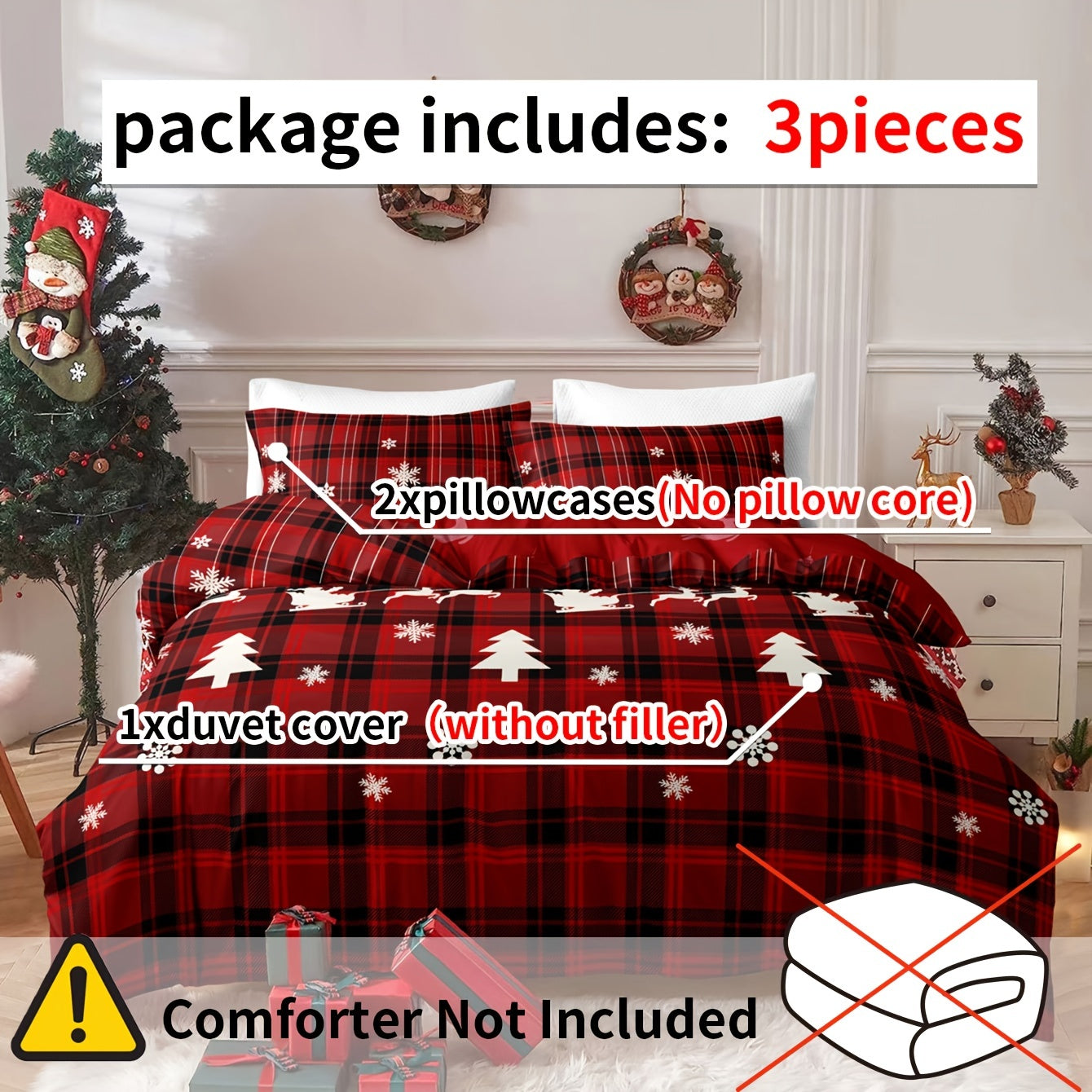 Christmas Duvet Cover Set 3 Pieces Checkered Xmas Tree Elk Snowflake Bedding