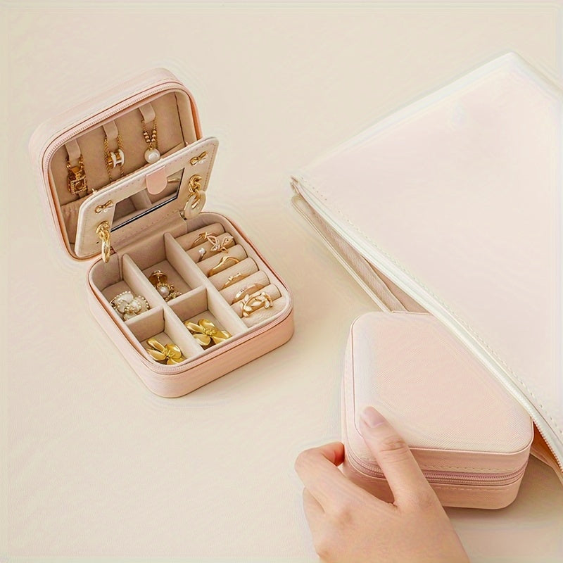 Organizador pequeño de joyas con espejo y cierre de cremallera para viaje, con tres capas y múltiples compartimentos