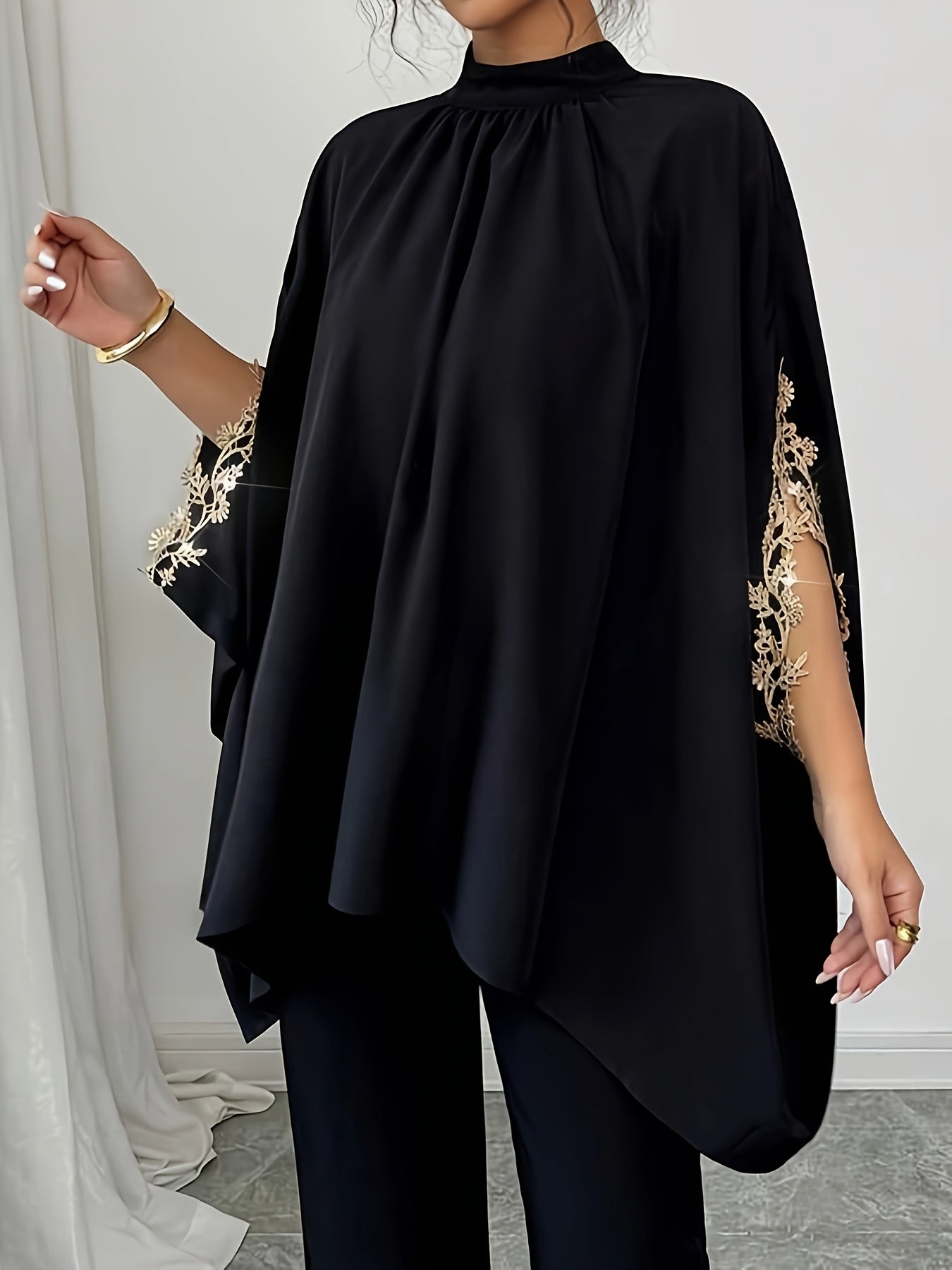 Plus Size Women's Blouse Black Puffed Sleeve Summer Casual Top