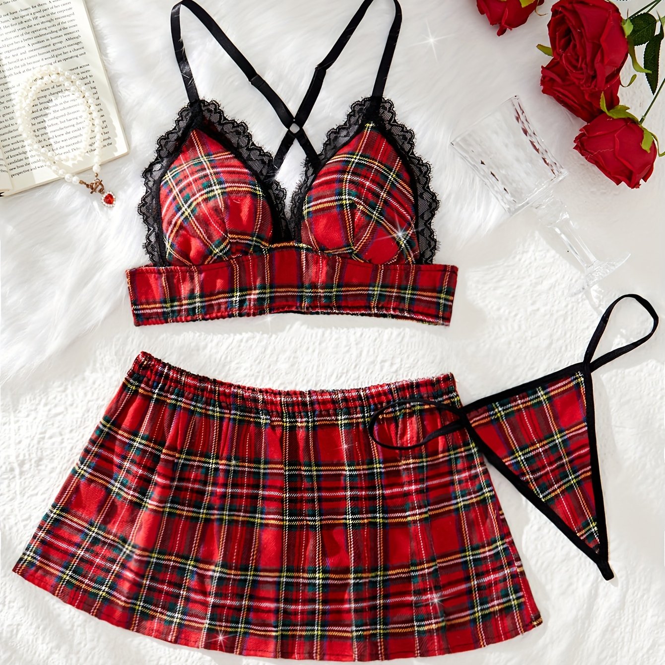 Women's Lingerie Set 3 Pieces Plaid Sexy Role Play Costume