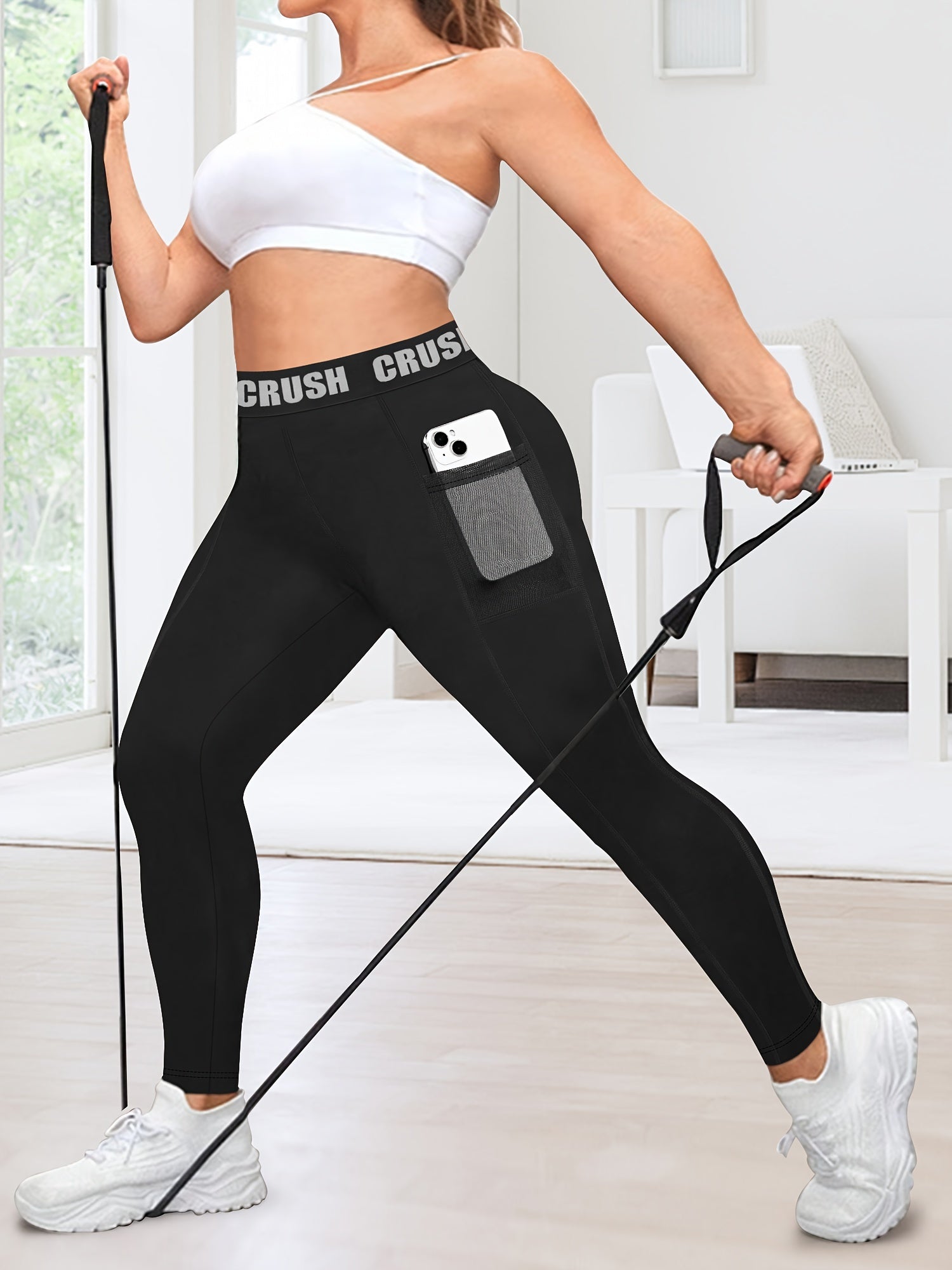 Women's High-Waist Cropped Leggings with "CRUSH" Print Breathable White