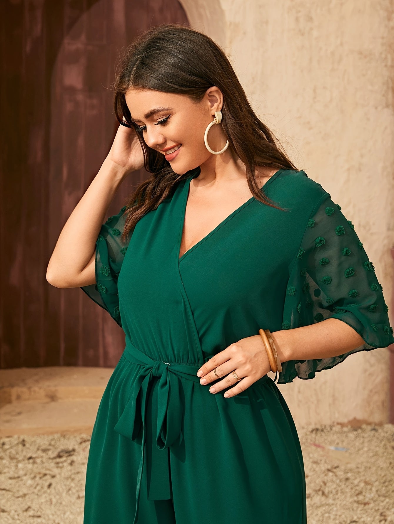 Plus Size Women's Breathable Cross Neck Jumpsuit Solid Color Summer Wide-Leg