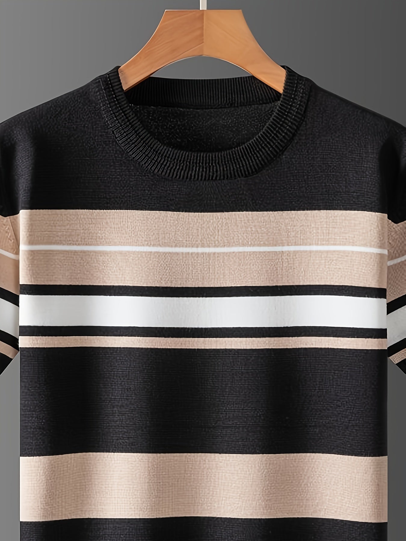 Men's Striped Crew Neck Sweater with Medium Stretch for Spring Fall
