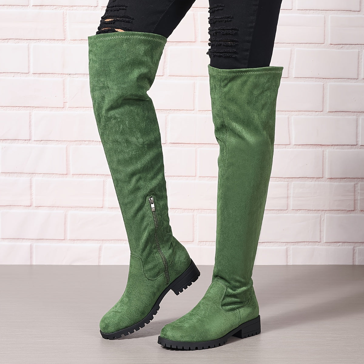 Women's Solid Color Chunky Heel Over The Knee Boots With Side Zipper