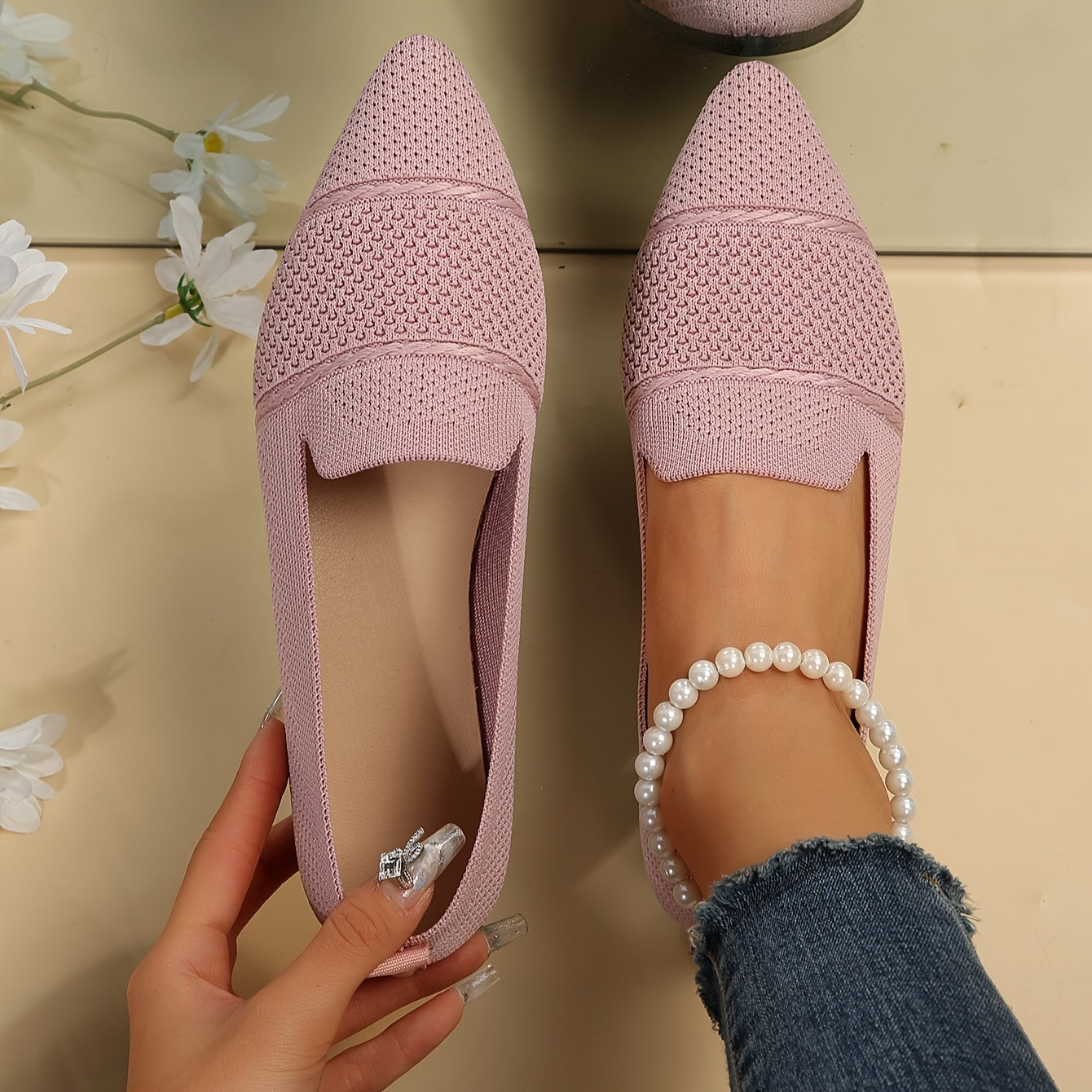 Women's Knit Flat Shoes Breathable Slip-On Comfortable Toe Shoes