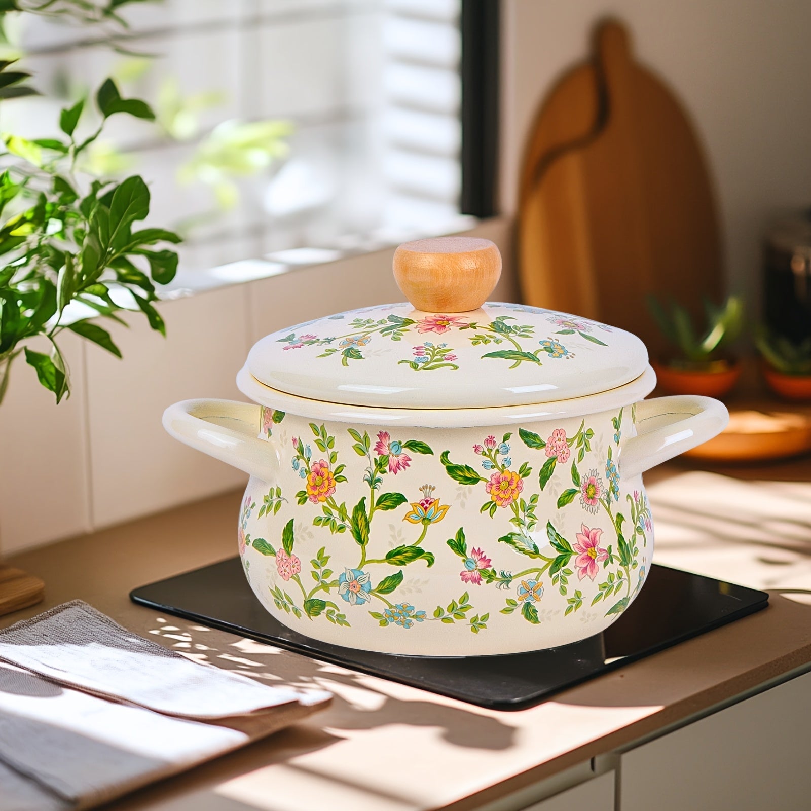 Floral Enamel Soup Pot with Rolled Edges for Open Fire and Induction Cooking