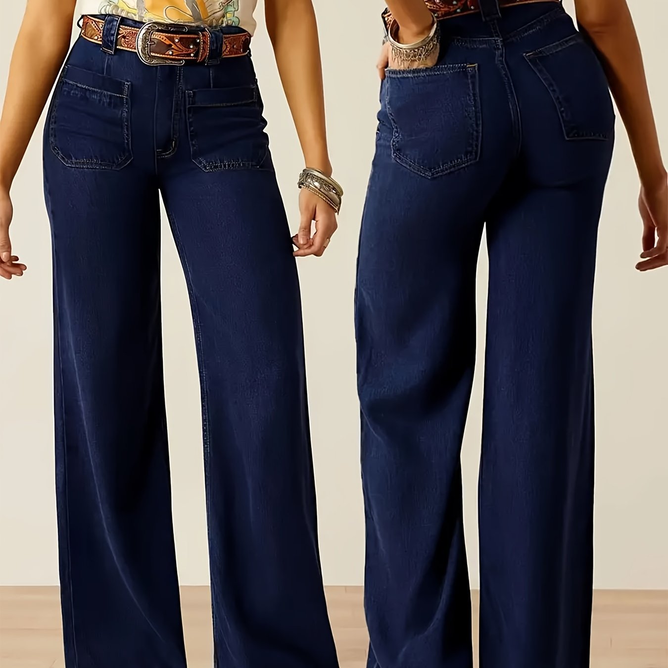 Pantalones de mezclilla azul oscuro para mujer con pierna recta elástica y corte ancho para todas las estaciones